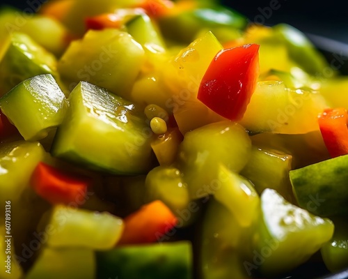 Foto dill pickle relish with visible chunks of cucumber and colorful bell peppers taken with a FujiFilm X-T4 camera, using a 60mm f/2