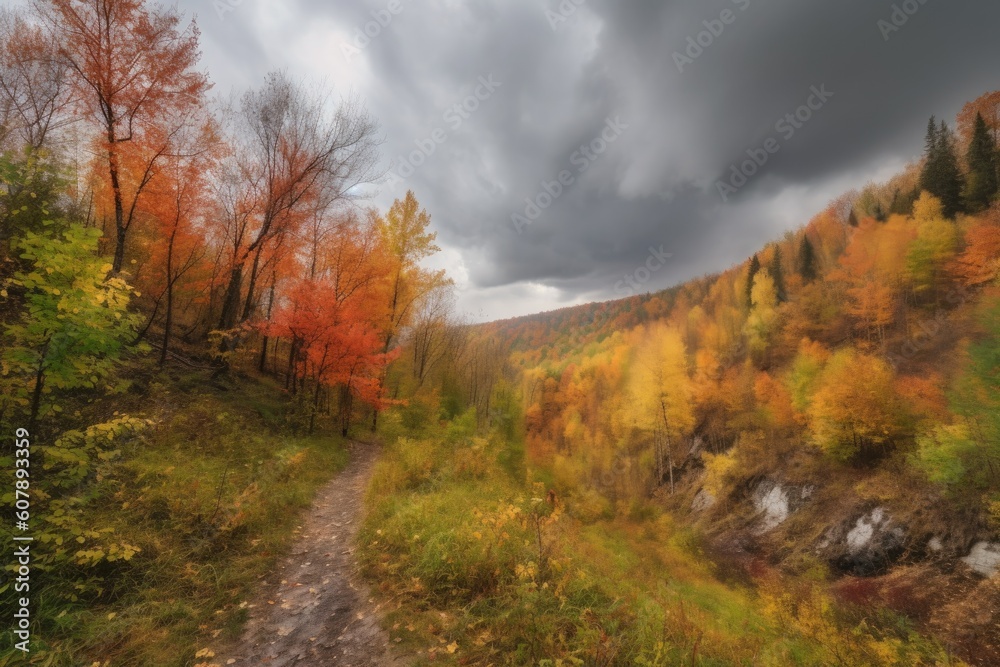 Fototapeta premium autumn forest hike with colorful foliage and misty clouds in the sky, created with generative ai
