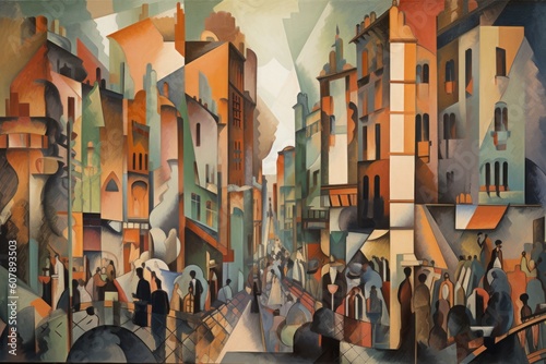 cubist painting of bustling city street  with color and texture juxtaposed against geometric shapes  created with generative ai
