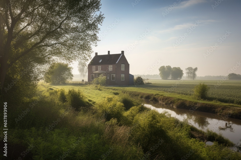 Obraz premium farmhouse surrounded by fields of crops, with waterway in the distance, created with generative ai