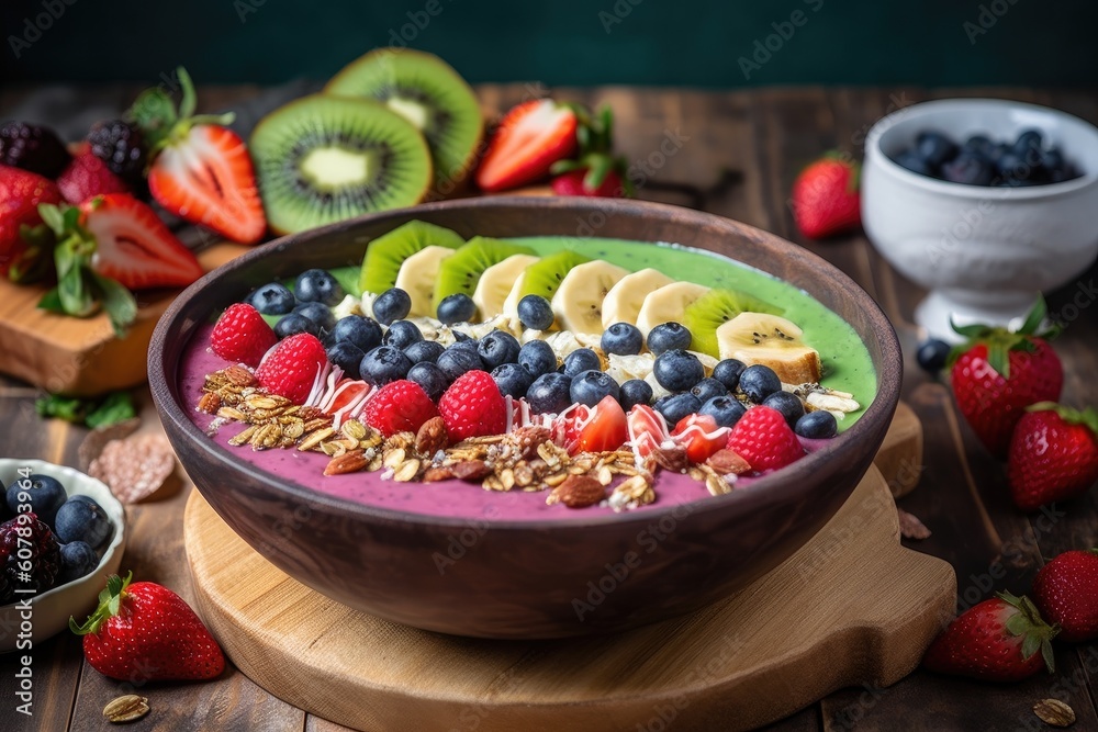 smoothie bowl topped with fresh fruit, granola, and seeds, created with generative ai smoothie bowl topped with fresh fruit, granola, and seeds, created with generative ai