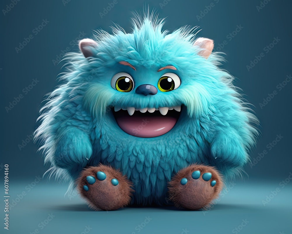 smiling chubby monster, fluffy fur, fuzzy, cute, kawaii, isolated on white background