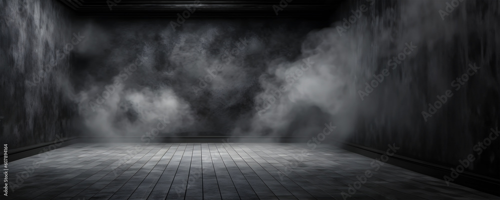 Creative interior concept. Abstract Dark room flooring with smoke fog surrounding. Banner Template for product presentation. Mock up. 