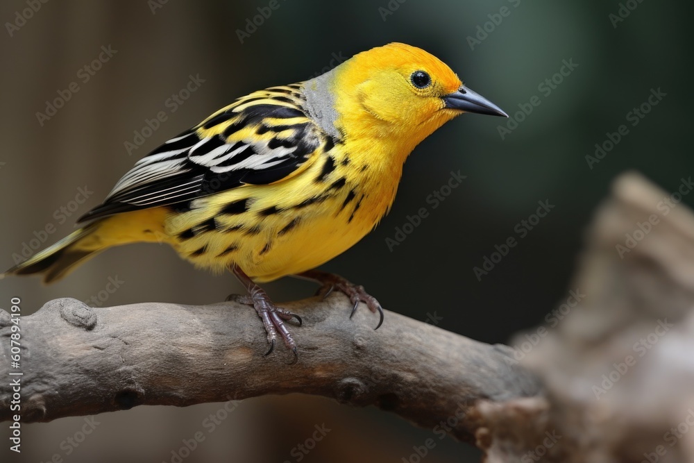 yellow bird with black stripe on its head perched on branch, created with generative ai yellow bird with black stripe on its head perched on branch, created with generative ai