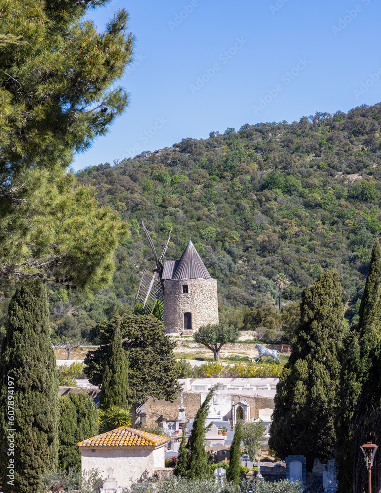 old, historic windmill in Grimaud on the Cote d'Azur, French Riviera