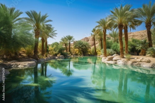 oasis with palm trees and crystal clear water surrounded by desert landscape  created with generative ai