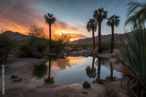 desert oasis  with vibrant sunset sky and silhouetted mountain range in the background  created with generative ai