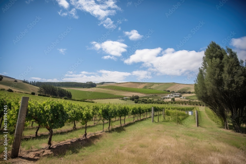 Naklejka premium vineyard with rolling hills and blue skies, ideal for photo shoot, created with generative ai