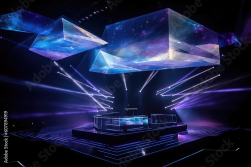 concert stage with holographic album covers floating in the air, created with generative ai