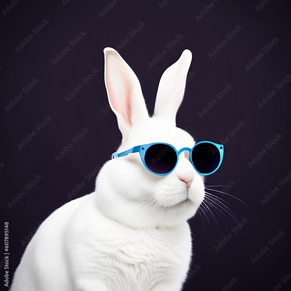 Fototapeta premium White rabbit with trendy sunglasses on a black background , AI-Generated image