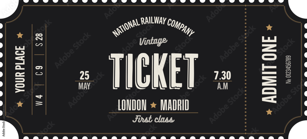 Train vintage ticket template on a dark background with golden accents. For excursion routes, retro parties, clubs and other projects. Just add your own text. Vector, can be used for printing. 