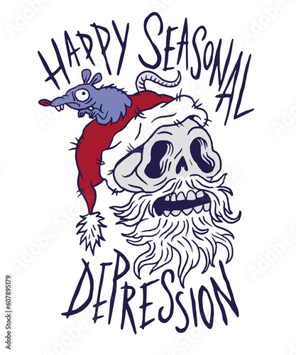 Happy Seasonal Depression Skull Santa Hat Creepy Christmas