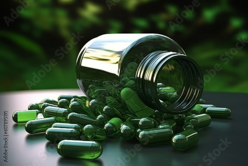 Bottle of chlorophyll capsules and accompanying herbal supplements, illustrating the availability and benefits of chlorophyll as a dietary supplement. Generative Ai photo