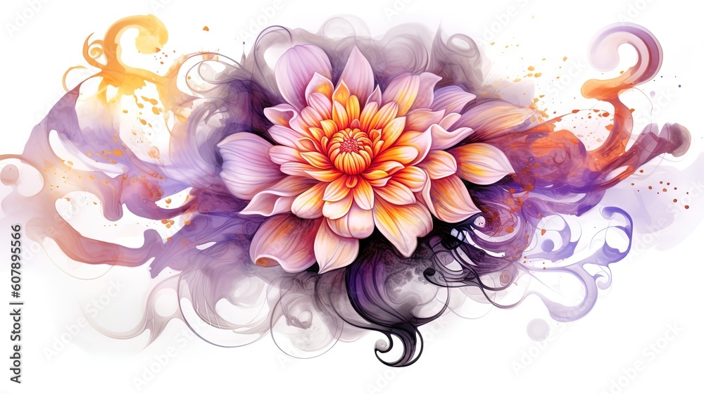 Obraz premium Dahlia in violet, purple and orange on white background, elegant and luxury flower illustration for card. With swirls and ornaments. Generative AI.