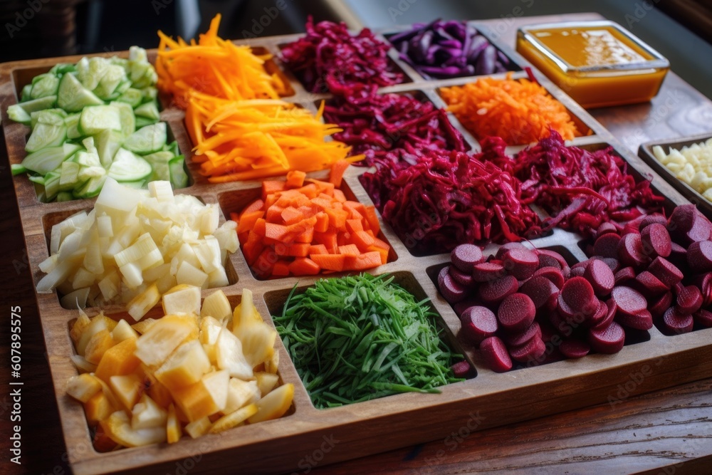 tray of fermented vegetables, ready to be sliced and eaten, created with generative ai