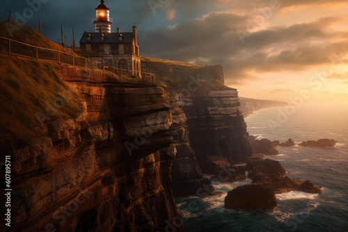 lighthouse perched atop towering cliff, with the sea breeze blowing through its lanterns, created with generative ai