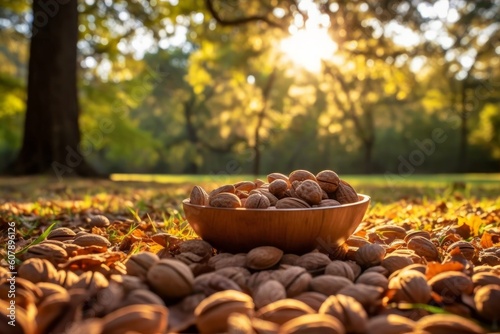 pecans in a bowl, surrounded by pecan trees and fallen leaves
