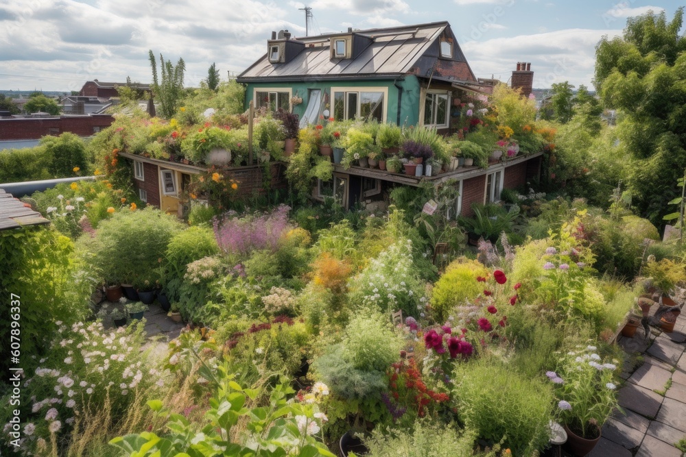 Fototapeta premium green rooftop garden, filled with plants and blooms, created with generative ai