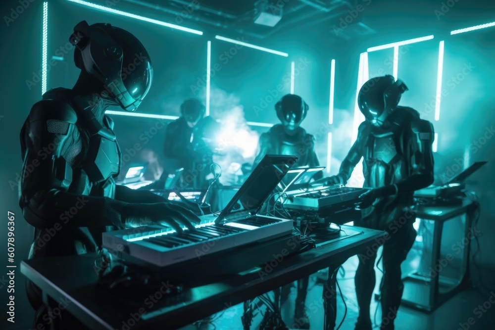 alien band playing live concert in futuristic, high-tech venue, created with generative ai