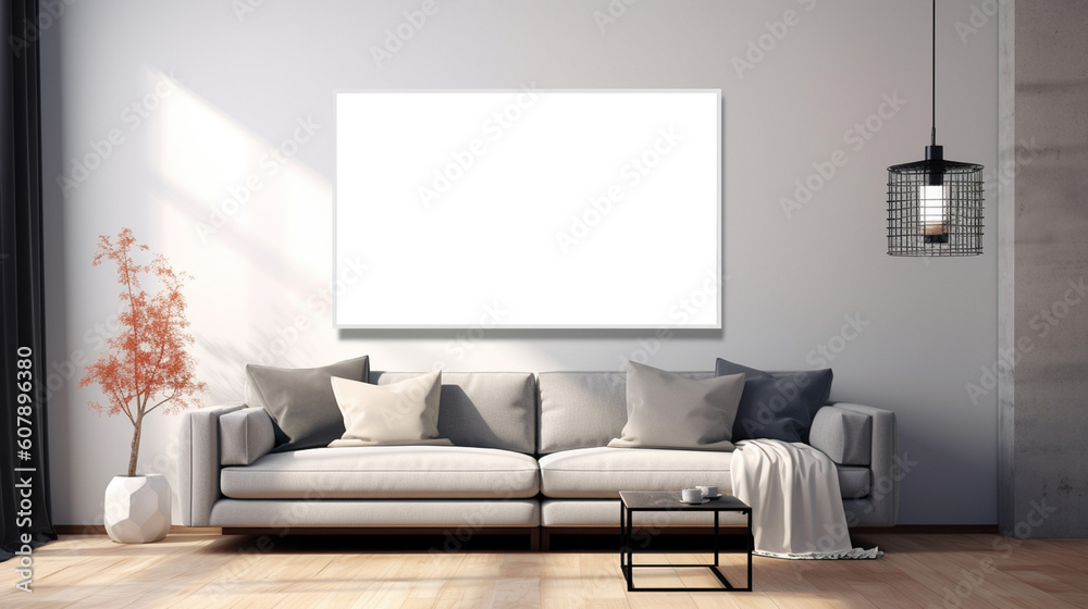 Painting mockup hanging on the wall of a minimalist room interior, generated by AI Painting mockup hanging on the wall of a minimalist room interior, generated by AI