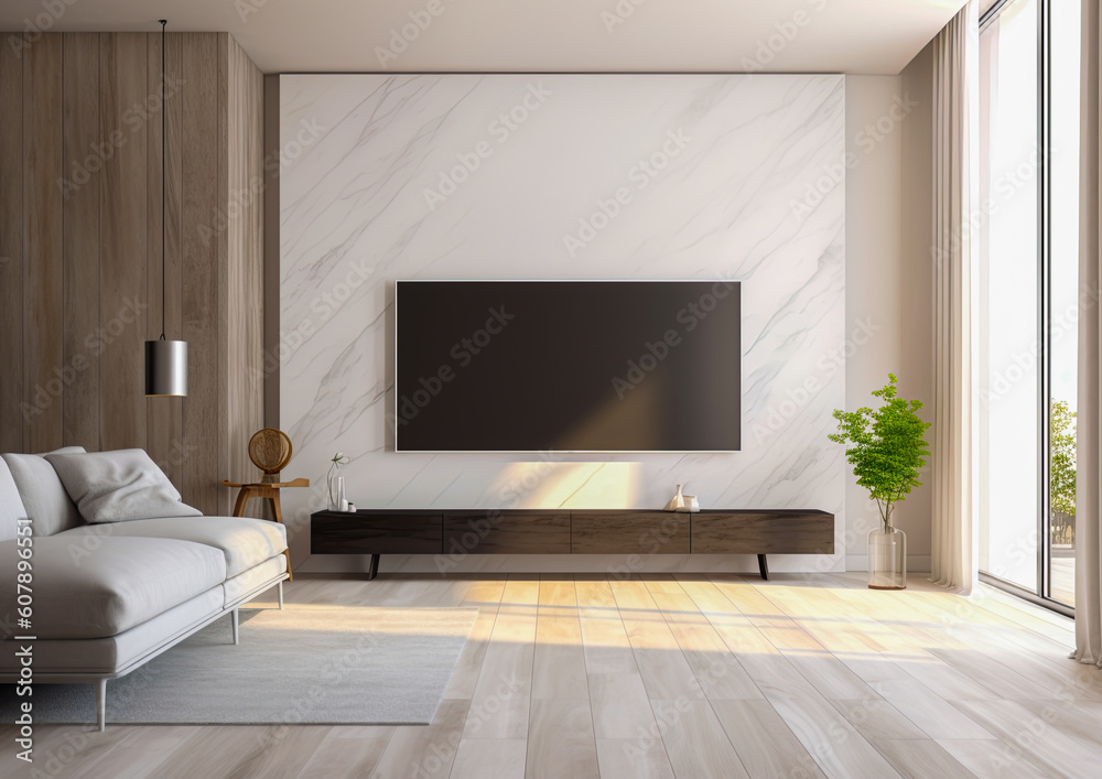 Tv mockup in modern living room. Empty screen. Copy space. Generative Ai illustration Tv mockup in modern living room. Empty screen. Copy space. Generative Ai illustration