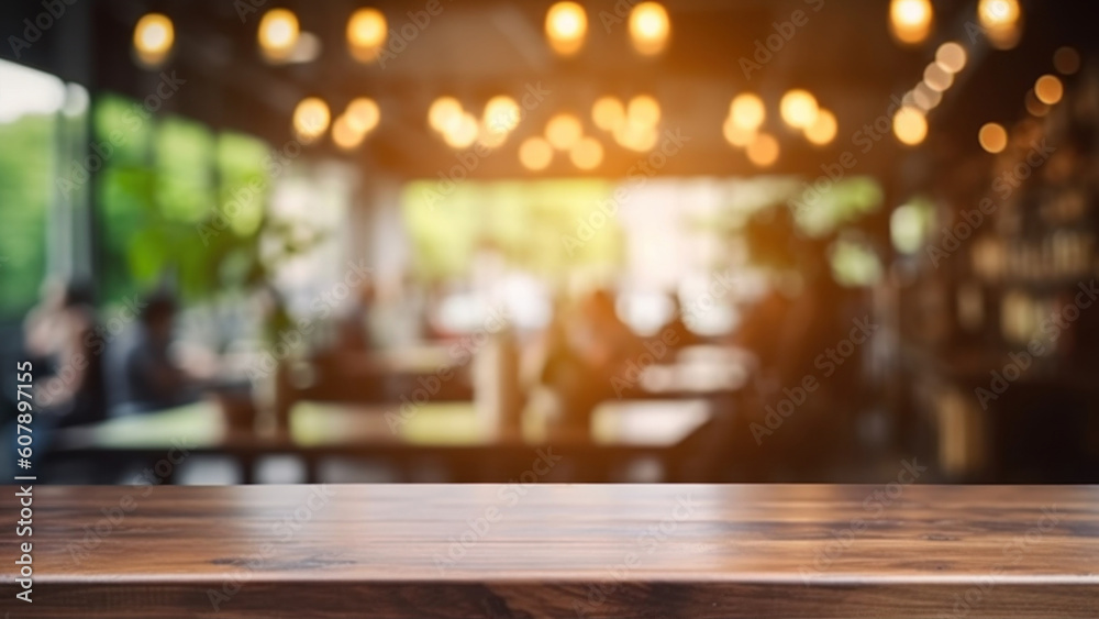 The wood table in the cafe with a blurred background. AI generative