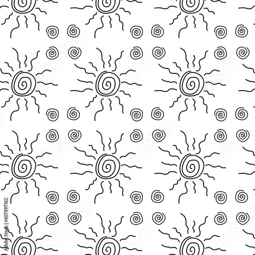 Primitive ethnic ornament. Hand drawn sun, ethnic, folklore style. Doodle. Seamless pattern drawings of ancient tribe. Prehistoric art of cavemen. For print, textiles, fabrics. Vector illustration 