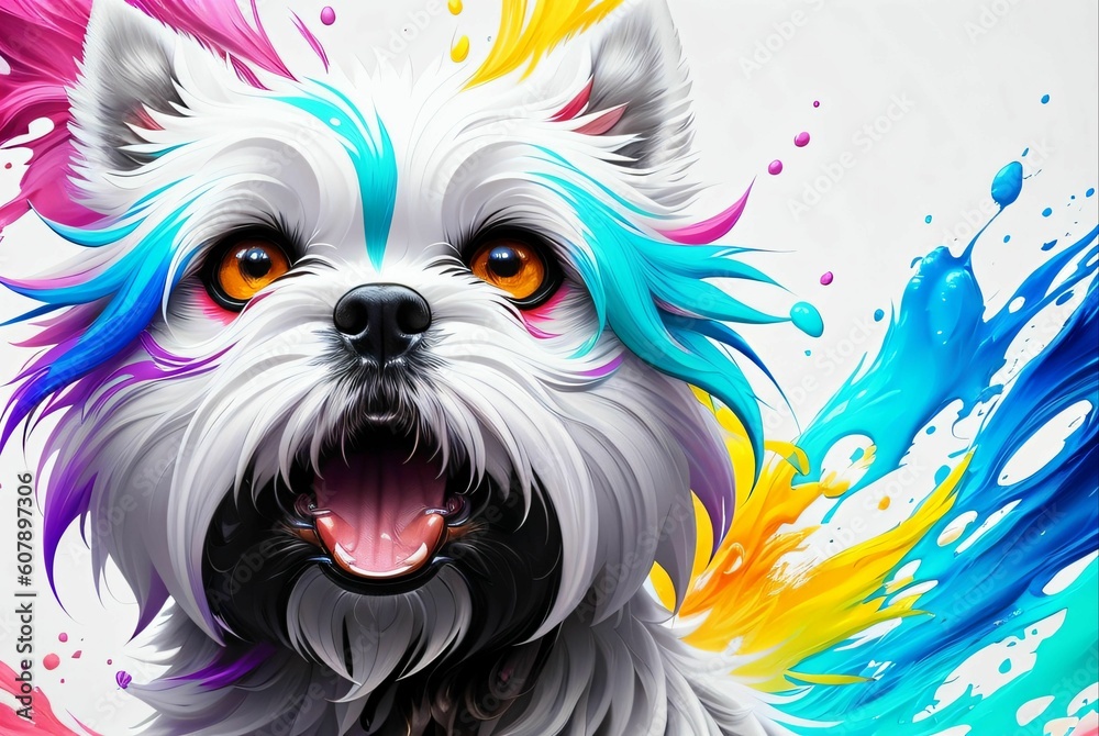 white shih tzu dog painting using paint splatter effect with many colors