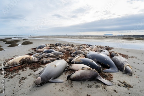 pile of dead marine mammals on shore  their bodies washed up by tide  created with generative ai