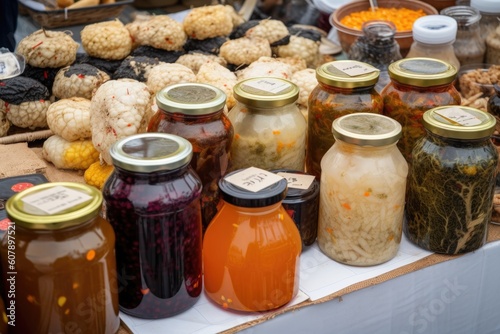 fermented foods market, with a variety of different fermented foods for sale, created with generative ai