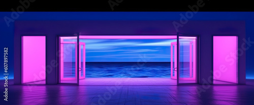 3D rendering of a sea view through the open door to the beach Generative AI