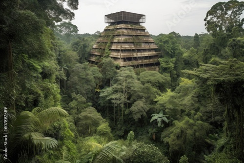 pyramid-shaped structure towering over lush jungle, created with generative ai