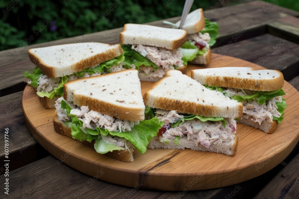 platter of tuna salad sandwiches, ready for a picnic in the park, created with generative ai platter of tuna salad sandwiches, ready for a picnic in the park, created with generative ai
