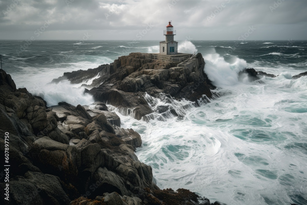 abandoned lighthouse, with waves crashing against the rocks below, created with generative ai