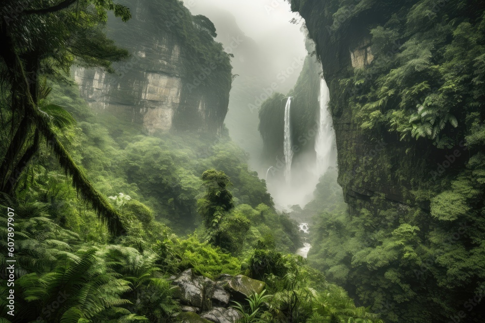 majestic waterfall, with view of the forest, surrounded by mist, created with generative ai majestic waterfall, with view of the forest, surrounded by mist, created with generative ai