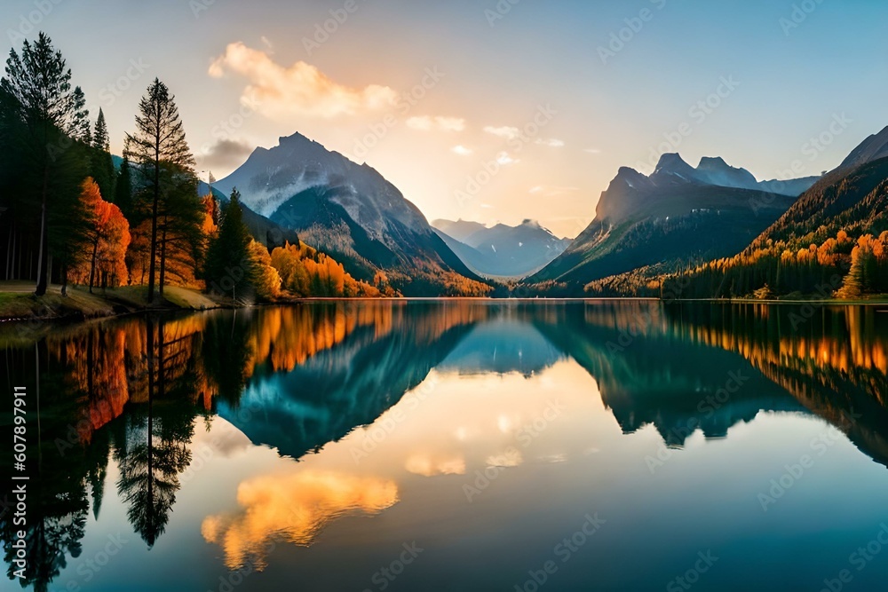 Generative AI desktop background wallpaper lake seaside sunset view