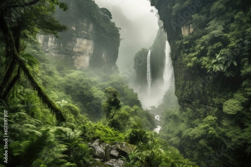 majestic waterfall  with view of the forest  surrounded by mist  created with generative ai