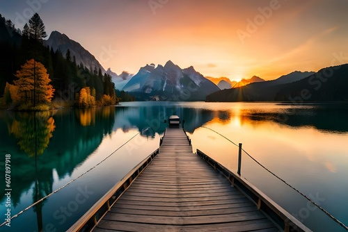 Generative AI desktop background wallpaper lake seaside sunset view