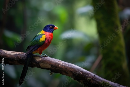 colorful bird perched on branch with view of the forest, created with generative ai