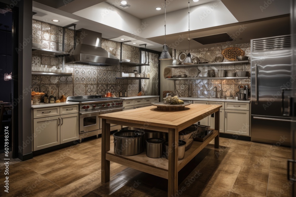 custom-built kitchen with cooking stations on each countertop and different equipment for each station, created with generative ai custom-built kitchen with cooking stations on each countertop and different equipment for each station, created with generative ai