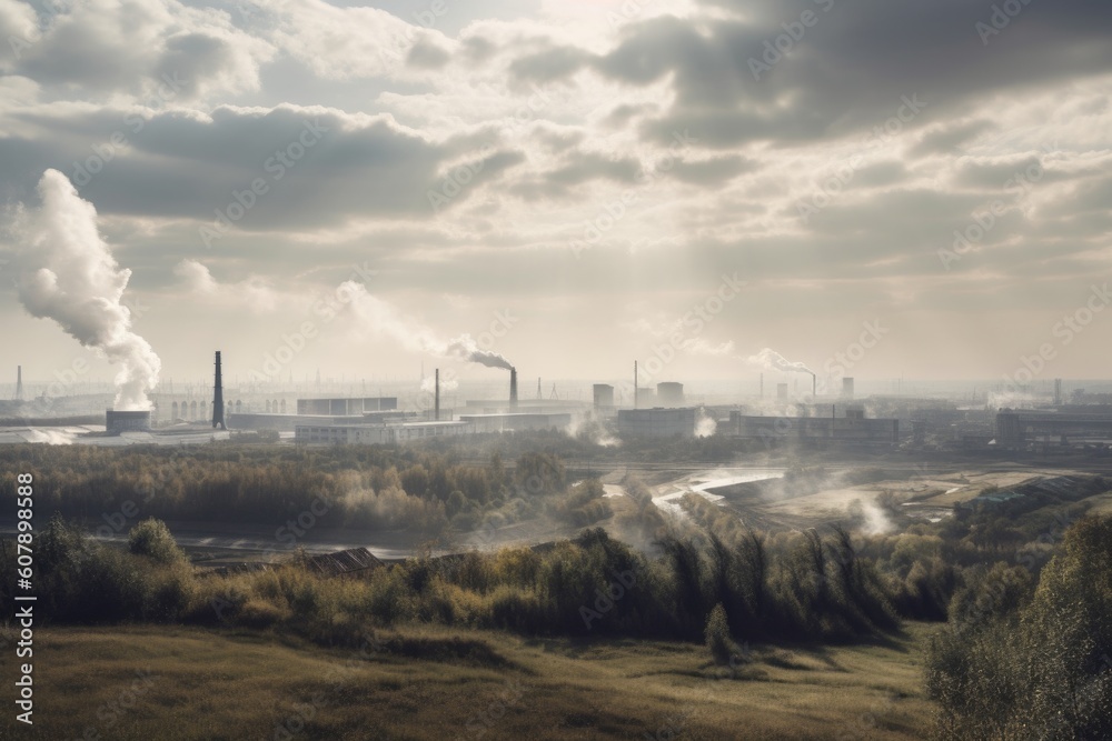 landscape, with view of factory smoke stacks and smoggy skies, created with generative ai