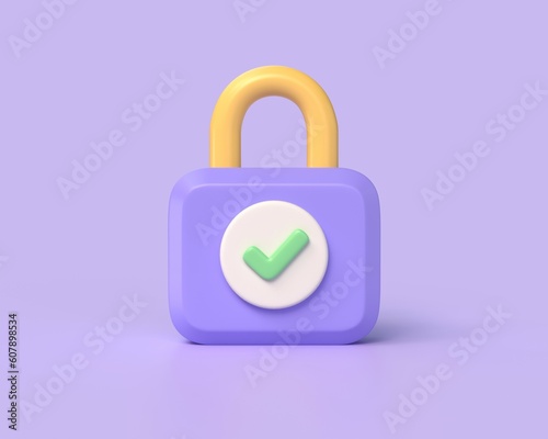 3d locked padlock icon with green tick symbol.security concept.illustration isolated on purple background. 3D rendering