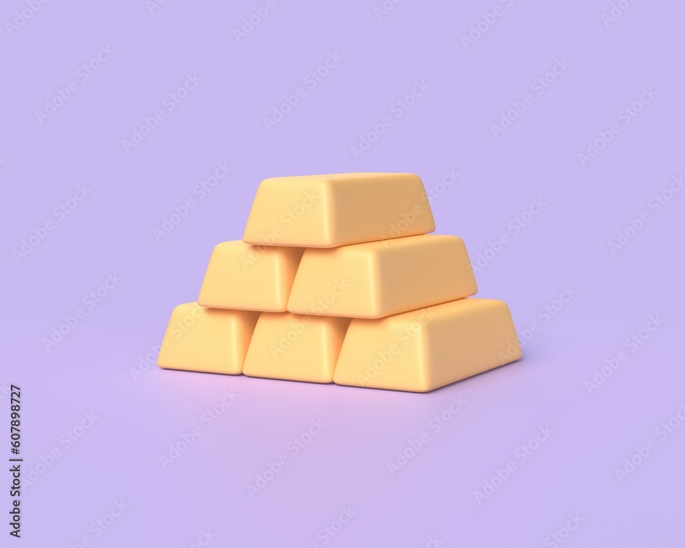 3d stack of gold bars in cartoon style. concept of saving finance in gold.illustration isolated on purple background. 3d rendering 3d stack of gold bars in cartoon style. concept of saving finance in gold.illustration isolated on purple background. 3d rendering