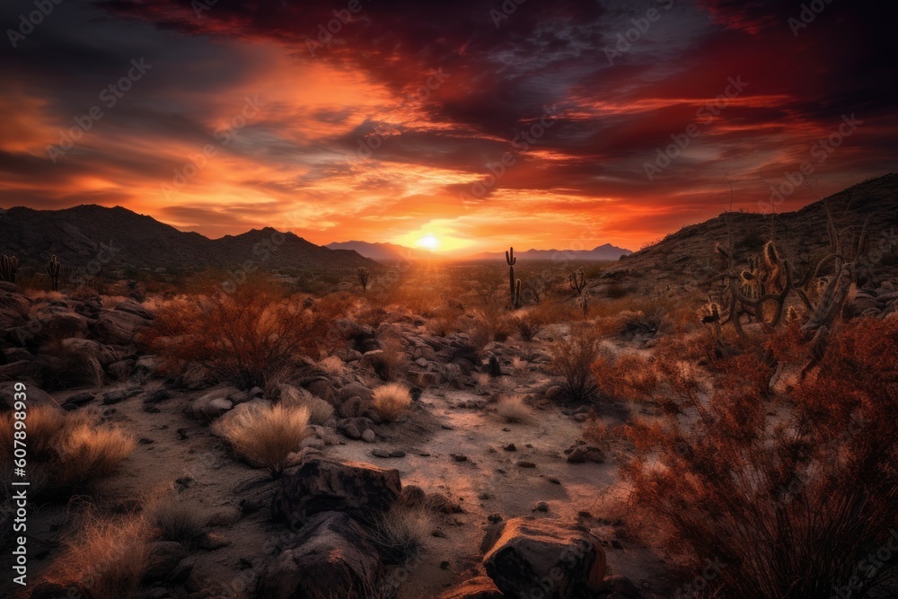 desertscape with dramatic sunset, featuring fiery reds and oranges, created with generative ai