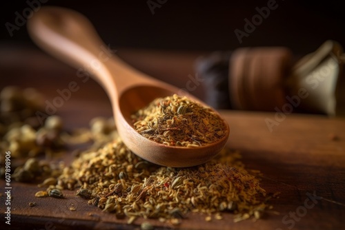 five-spice blend on a wooden spoon with a rustic background