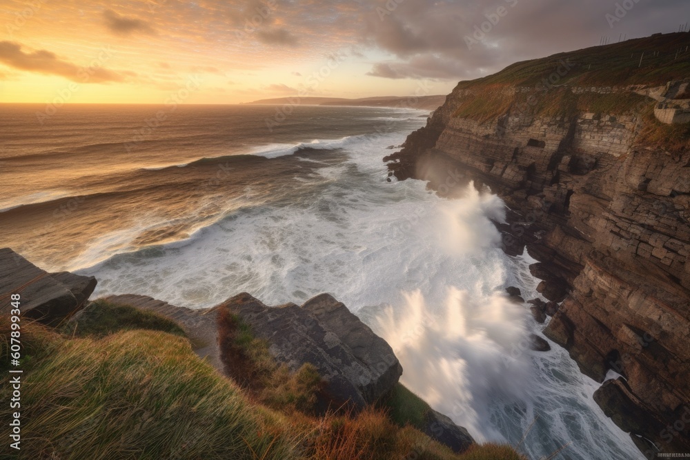Obraz premium coastal cliff, with view of crashing waves and rolling tide, against sunset, created with generative ai