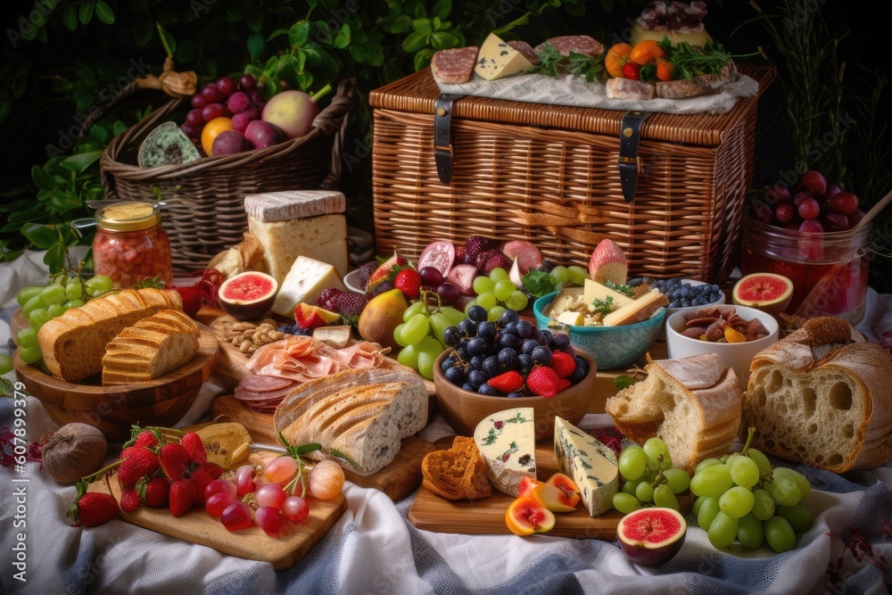 picnic basket overflowing with delicious delights, ready for a feast, created with generative ai picnic basket overflowing with delicious delights, ready for a feast, created with generative ai