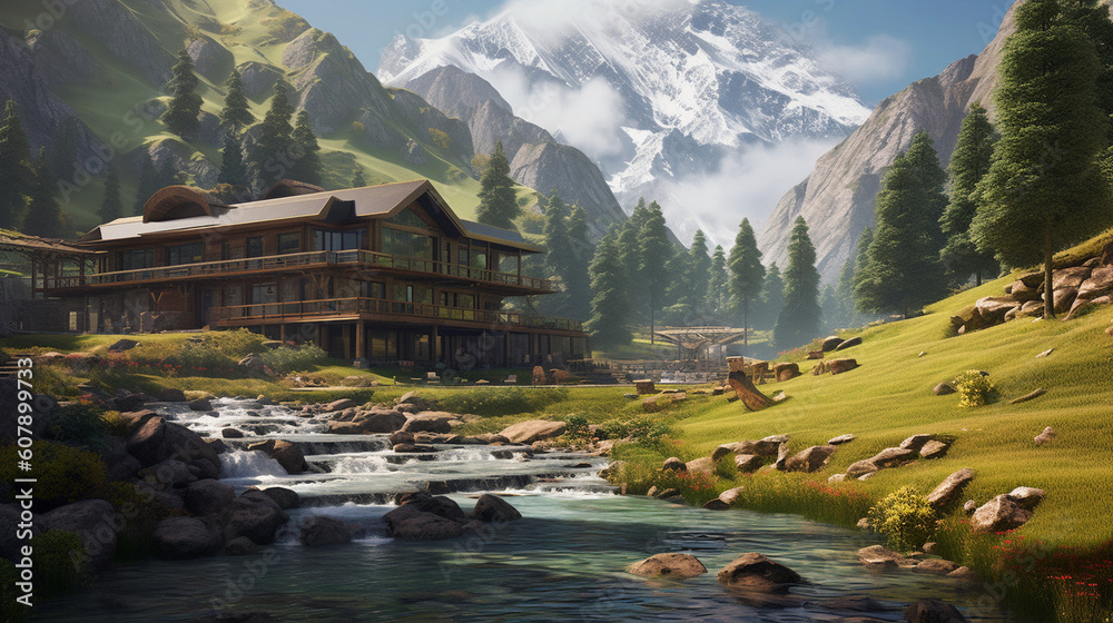A serene mountain retreat, with a Muslim family embarking on a hike along a winding trail, surrounded by majestic peaks and cascading waterfalls Generative AI