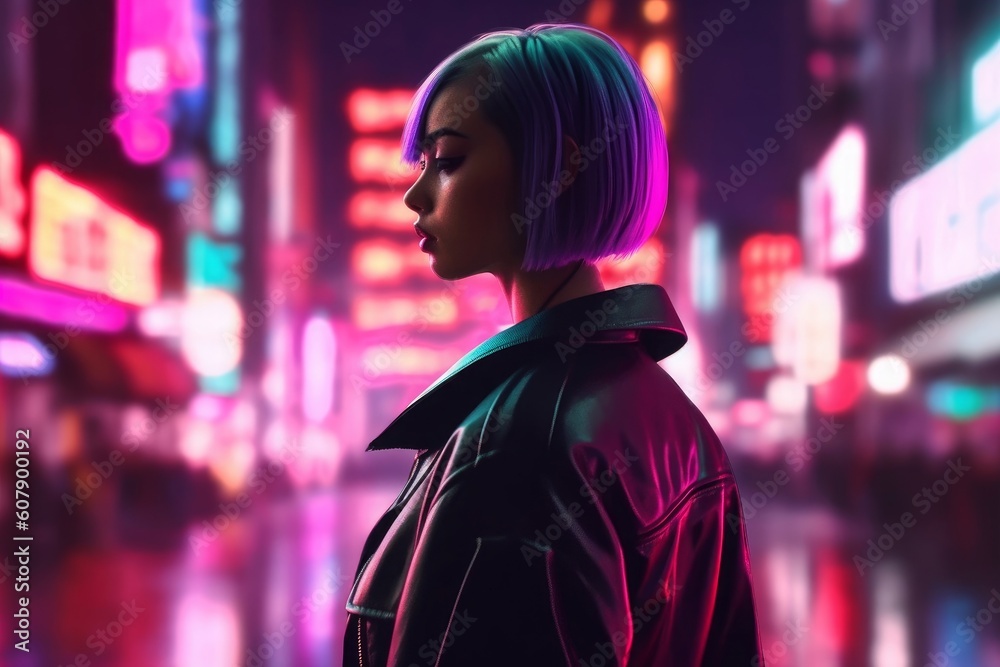 Concept art illustration of cyberpunk woman in a neon lights city street, Generative AI