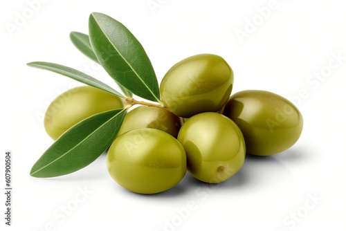 Green olives on white background, created with generative AI